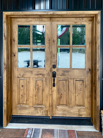 Farmhouse Knotty Alder 4 Lite Glass Exterior Double Door