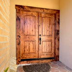 Farmhouse Knotty Alder Arch Top V-Groove Exterior Double Door