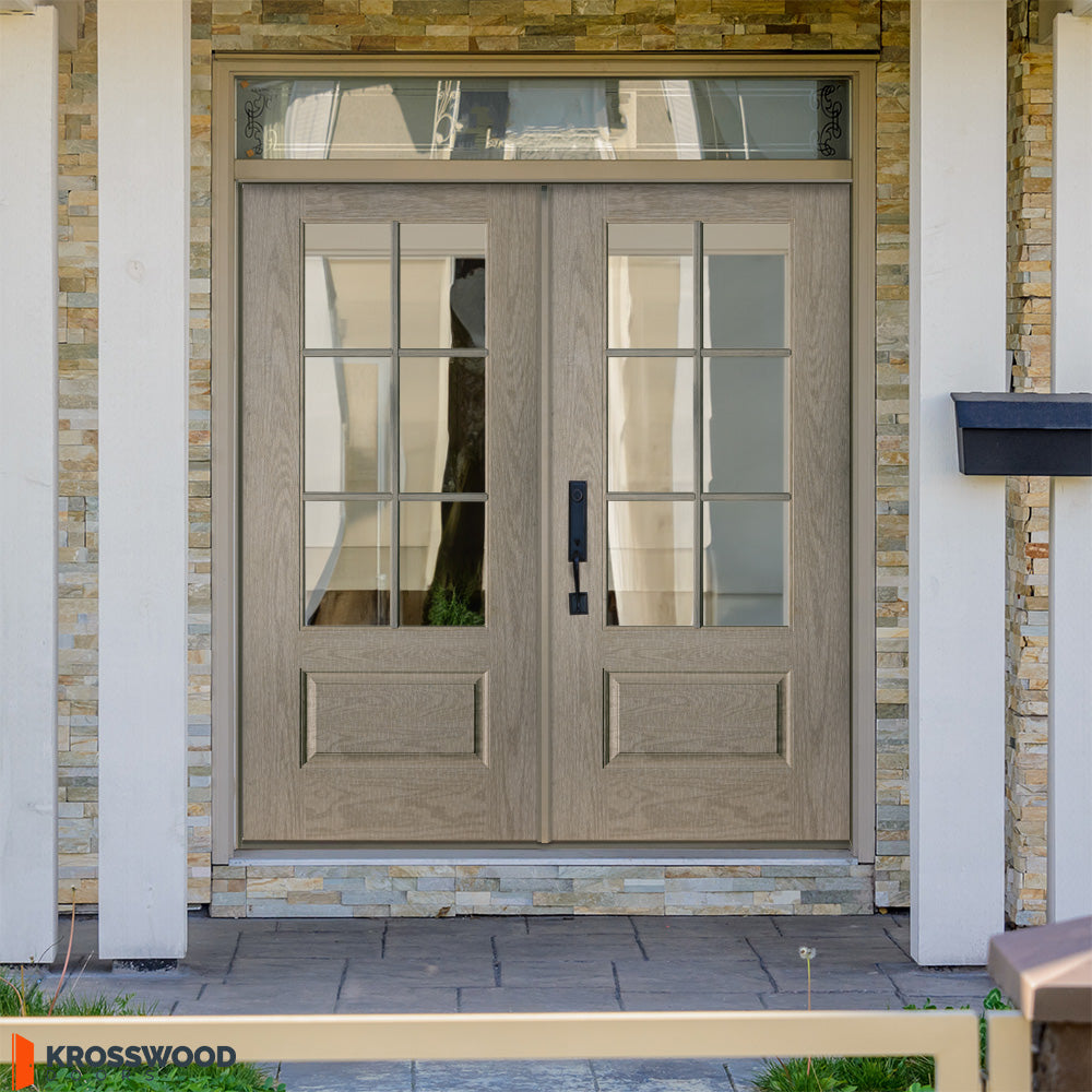 Fiberglass 6 Lite Clear Glass Window Wood-Like Double Door | Krosswood