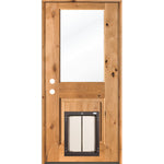 Modern Farmhouse Knotty Alder Clear Glass Door with Dog Door