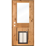 Modern Farmhouse Knotty Alder Clear Glass Door with Dog Door