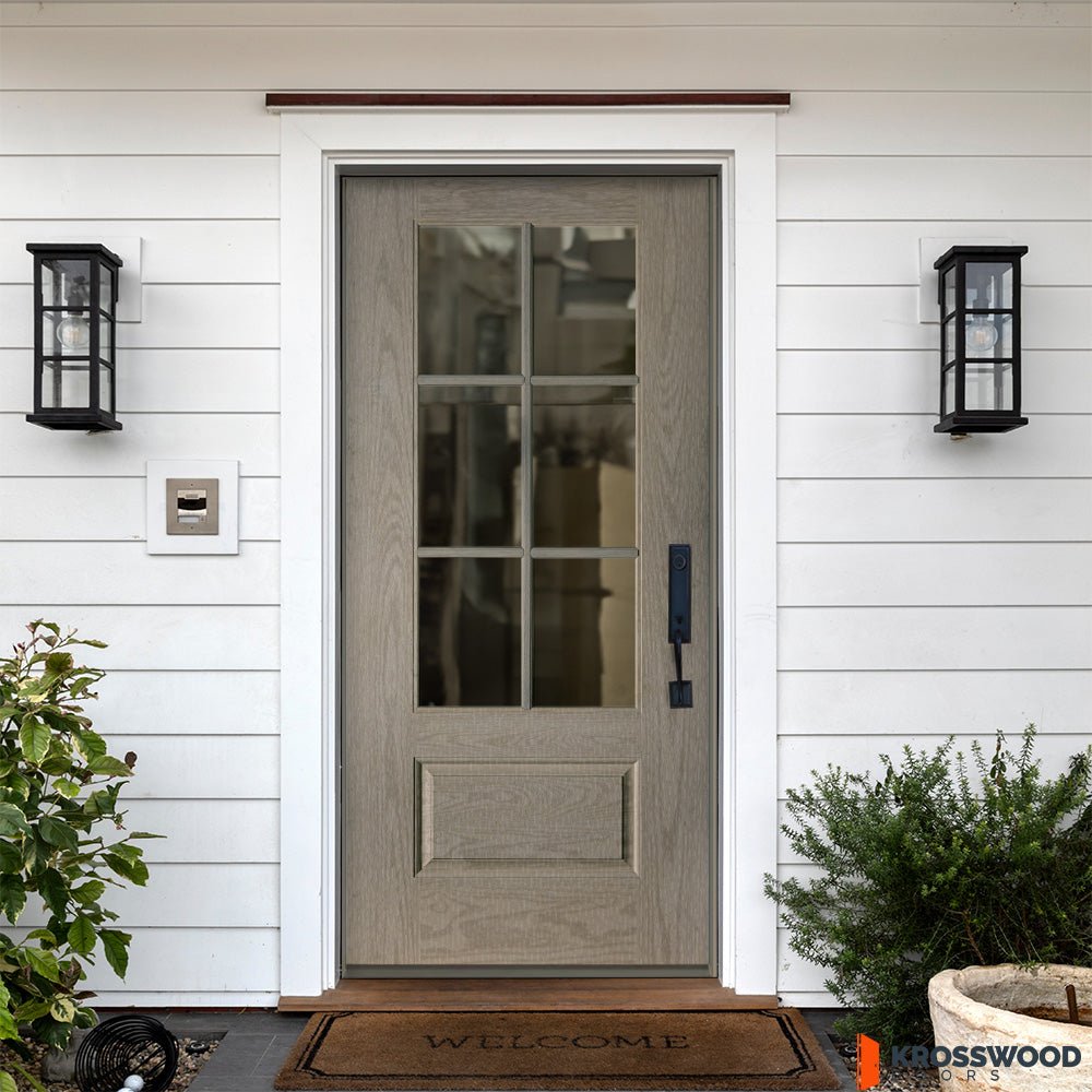 Fiberglass 6 Lite Clear Glass Window Wood-Like Front Door | Krosswood